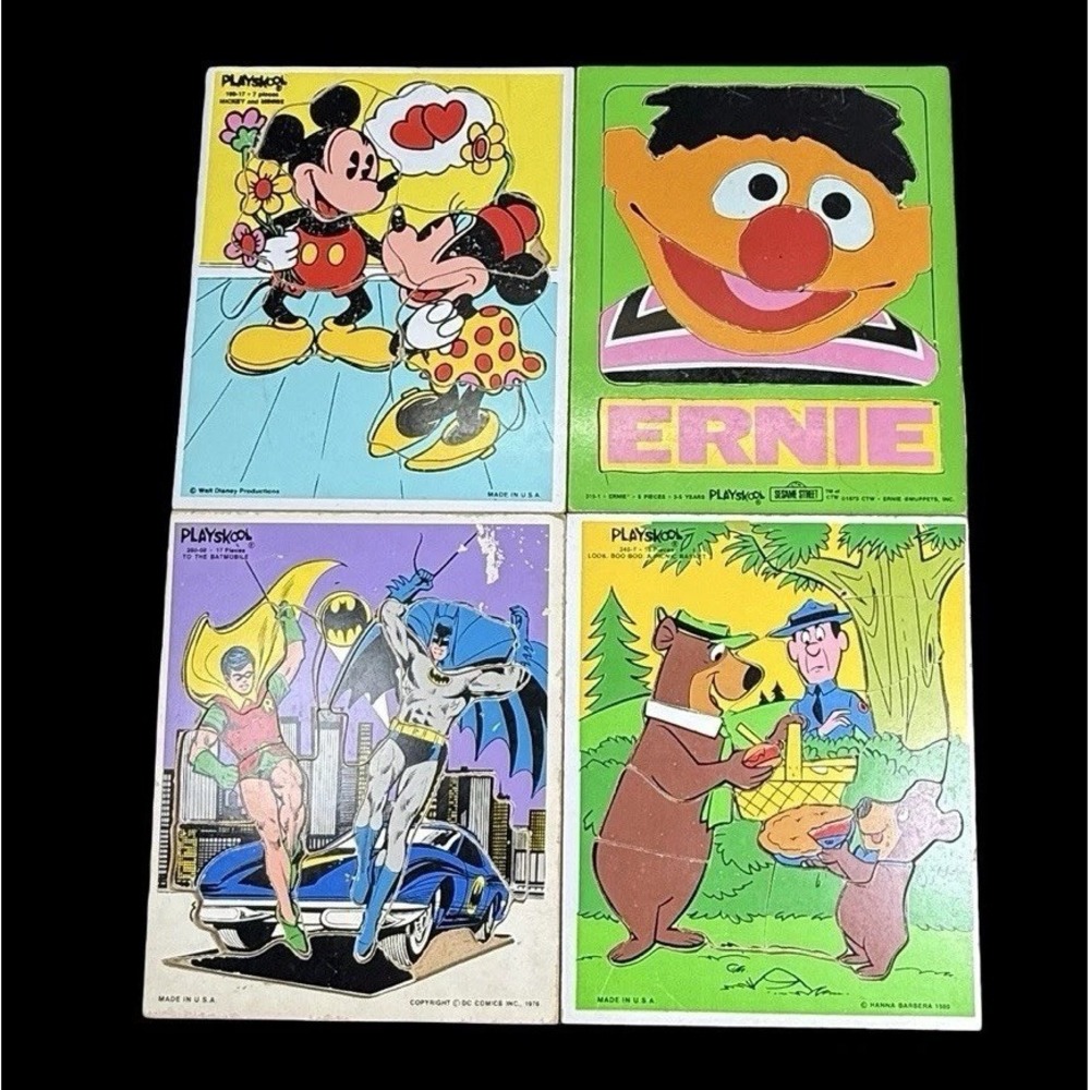 Playskool Wood Puzzles Sesame Street Yogi Batman Mickey Vintage Lot of 4 READ